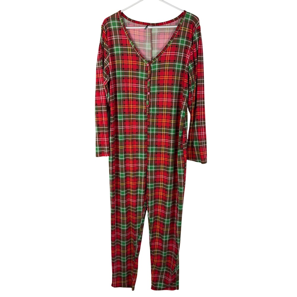 Fashion Nova Onesie Red Green Plaid Union Suit Jumpsuit Soft Pajamas Women's 1X